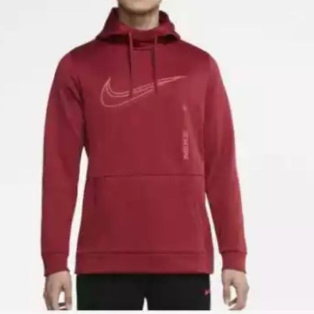 Mens Therma Fit NIKE Center Swoosh Soccer Hoodie Sweatshirt Cranberry Red SIZE L